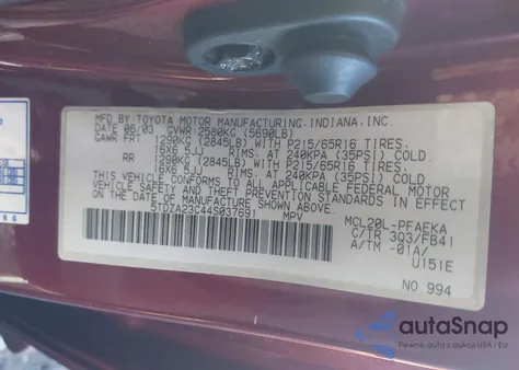 2004 Toyota Sienna Le из США, поврежденный, VIN 5TDZA23C44S037691